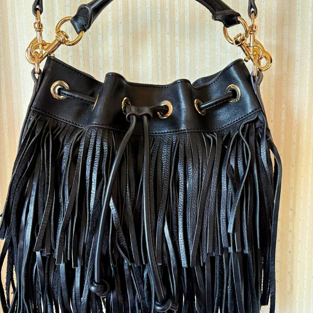 Rebecca Minkoff crossbody bag, back, fringe.